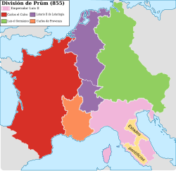 The Kingdom of Lotharingia (      purple) and other Carolingian kingdoms following the Treaty of Prüm, 855