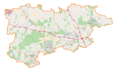 Mapa konturowa powiatu zgierskiego, po lewej nieco u góry znajduje się punkt z opisem „Ozorków”