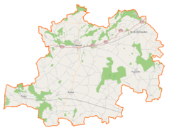 Mapa konturowa powiatu gostyńskiego, na dole nieco na prawo znajduje się punkt z opisem „Dąbie”