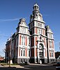 Van Wert County courthouse, a building of brick construction with decorative stonework and a tall clock tower