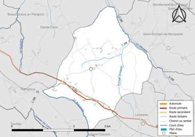 Carte en couleur présentant le réseau hydrographique de la commune