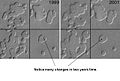 Mudanças em buracos localizados no pólo sul, em observações de 1999 a 2001. Observe como os buracos cresceram nos dois anos. Imagem fotografada pela Mars Global Surveyor.