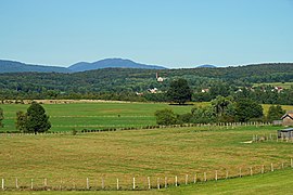 Paysage de Palante, près de Lure. Alternance de prairies vallonnées et forêt de feuillus, au pied des Vosges saônoises.