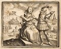 Allegory, Spanish soldier menaces Dutch girl. Background of executions and battle. From Gysius: Oorspronck ende voortgang