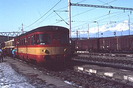 Železnice Slovenskej Republiky, Poprad, Slovakia Former ČSD railcar 820 038-8, March 1993.jpg