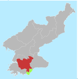 開城工業地區位置圖（綠色），紅色為黃海北道。