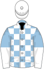 Light blue and white checked, halved sleeves, white cap