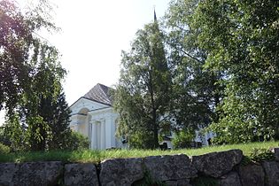 A partial view of the front of the church