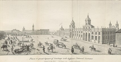 [Colonial] Plaza o great Square of Santiago with different local costumes, in 1826, by John Miers. British Library.[19][20]