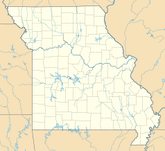 Mapa konturowa Missouri, po lewej nieco u góry znajduje się punkt z opisem „Buckner”