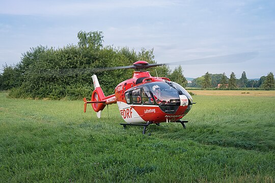 DRF Luftrettung Eurocopter EC135 P2 "Christoph 44" air ambulance helicopter (reg. D-HDRK, s/n 0477) preparing for takeoff in Göttingen, Germany.