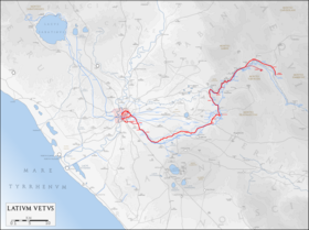 Plan du Latium avec l'Aqua Marcia (en rouge).