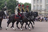 יחידת התותחנים המלכותים הרכובים (King's Troop, Royal Horse Artillery) עם חרבות שלופות ליד ארמון בקינגהאם.