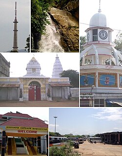 Bhabanipatana clockwise from top left: Doordarshan Tower, Phurlijharan, Durga Mandap (Big Ben of Bhabanipatana), Manikeswari Mandir, Bhabanipatana Railway Station, Bhabanipatana Bus Stand