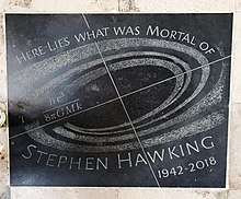 A black stone slab with a grey spiral, an equation, and the words "Here lies what was mortal of Stephen Hawking 1942–2018".