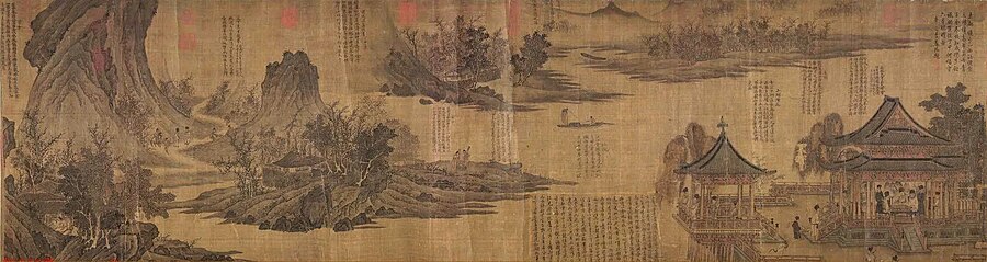 An old and yellowed painting of landscapes, with poems at different points