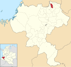 Location of the municipality and town of Guachené in the Cauca Department of Colombia.