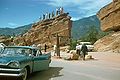 Scene from the 1950s. Steamboat Rock, with Balanced Rock to the right.