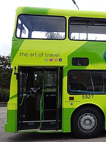 A double-decker bus with steps at the front