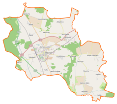 Mapa konturowa gminy Rawicz, blisko centrum u góry znajduje się punkt z opisem „Sarnowa”