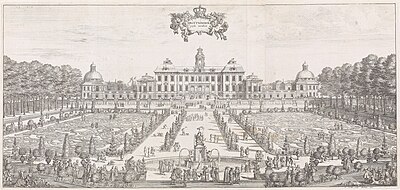 Drottningholm år 1692, ur Suecia antiqua et hodierna. Kopparstick av Wilhelm Swidde. Vänstra bilden: Fasad mot väster med en idealbild av Broderiparterren. Högra bilden: Fasad mot öster med hamnanläggningen.