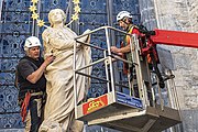 Capture a copy of the statue of the Virgin Mary from its temporary location next to Church of Our Lady before Týn (Chrám Matky Boží před Týnem), June 4, 2020