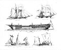 Despatch schooner - 16-gun brig - English troopship - barge under sail - small sailing boat Goélette aviso - Brick de 16 canons - Transport anglais - Péniche à la voile - Petit canot