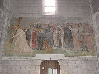 L'Humanité souffrante aidant le Christ à porter la croix précédée du clergé, église Notre-Dame de Chauvigny (86).