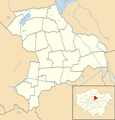 Mapa konturowa gminy Hackney, na dole nieco na lewo znajduje się punkt z opisem „Shoreditch”