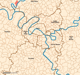 Location (in red) within Paris inner and outer suburbs