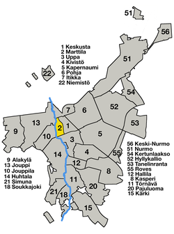 Kaupungin kartta, jossa Marttila korostettuna.