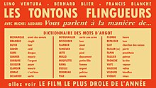 Une publicité pour Les Tontons flingueurs listant des mots d'argot employés dans le film et leurs définitions.