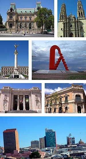 Dari atas ke kiri: Quinta Gameros, Katedral, Angel of the liberty, Puerta de Chihuahua, Federal Palace, Creel House, Skyline of El Palomar Park.