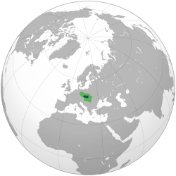 Orthographic map showing all territories that were ever part of the Great Moravia (dark green). The areas in light green were territories claimed but not controlled by Great Moravia.