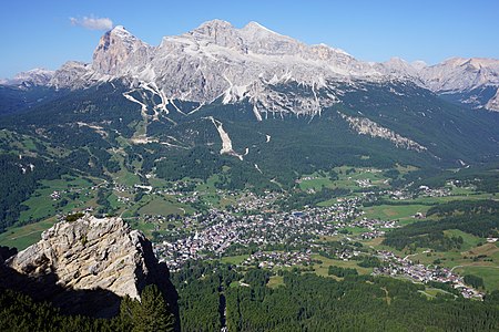 Tofane mountains with hill Col Drusciè in Dolomites seen from Faloria.