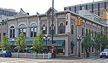 A photograph of the front and side facade of the Weinmann Block