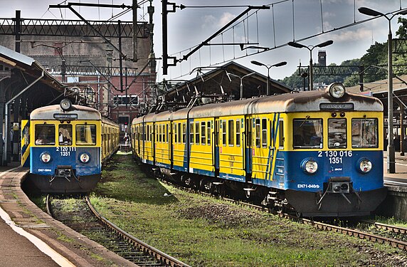 Blue and yellow trains at Gdańsk central station