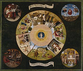 Hieronymus Bosch or follower. Table of the Mortal Sins label QS:Les,"Mesa de los pecados capitales" label QS:Lde,"Die sieben Todsünden" label QS:Lpt,"Mesa dos sete pecados capitais" label QS:Len,"Table of the Mortal Sins" label QS:Lfr,"Les sept péchés capitaux" label QS:Lnl,"De zeven hoofdzonden" . 1500-1525. oil on panel medium QS:P186,Q296955;P186,Q106857709,P518,Q861259 . 120 × 150 cm (47.2 × 59 in). Madrid, Museo del Prado.