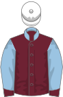 Claret, light blue collar and sleeves, claret cuffs, white cap