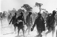 Many prisoners of war, walking on a dusty road