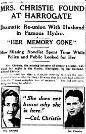 Newspaper article with portraits of Agatha and Archie Christie