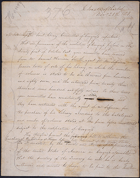 File:Report from the Joint Committee on the Library of Congress regarding the precise terms of the purchase of Thomas Jefferson's library - NARA - 306515 (page 1).gif