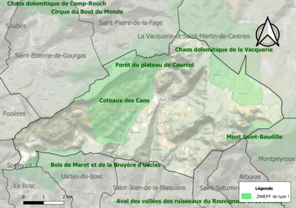 Carte des ZNIEFF de type 1 sur la commune.