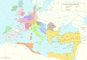 A map depicting about a dozen polities in the west, and the Byzantine Empire in the east