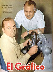 Une couverture de magazine représentant Hermann Lang (dans le cockpit d'une voiture, à côté de Karl Kling.