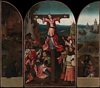 Triptych of the crucified Martyr label QS:Lit,"Trittico della martire crocifissa" label QS:Lfr,"Triptyque de la martyre crucifiée" label QS:Lnl,"Drieluik van de gekruisigde martelares" label QS:Lde,"Triptychon der gekreuzigte Märtyrerin" label QS:Lpt,"Tríptico do mártir crucificado" label QS:Len,"Triptych of the crucified Martyr" label QS:Lmk,"Триптих на распнатиот маченик" . circa 1497-1505. oil on panel medium QS:P186,Q296955;P186,Q106857709,P518,Q861259 . 104 × 119 cm (40.9 × 46.8 in). Venice, Doge's Palace.