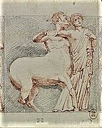 Drawing of a man fighting a centaur.