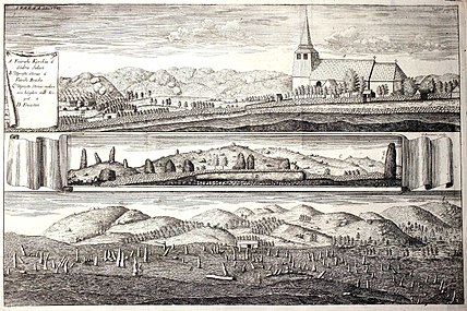 Fjärås kyrka och Fjärås Bräcka. Ur Hallandia antiqua et hodierna (1753)