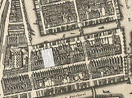 De Breestraat (nu Jodenbreestraat) in Amsterdam in 1625. De grijze rechthoek geeft de locatie aan van de huidige Mozes en Aaronkerk. De Vloonburch Steech heet nu Houtkopersdwarsstraat. Het Noorden ligt rechts-onder.