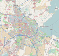 Mapa konturowa Amsterdamu, w centrum znajduje się punkt z opisem „Westerkerk w Amsterdamie”